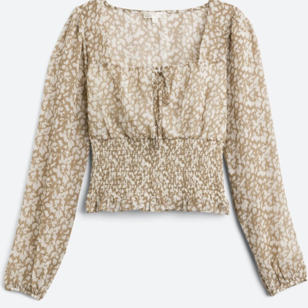 XL Nine Britton Willow Sheer Sleeve Smocked Blouse - Neutral Animal Print